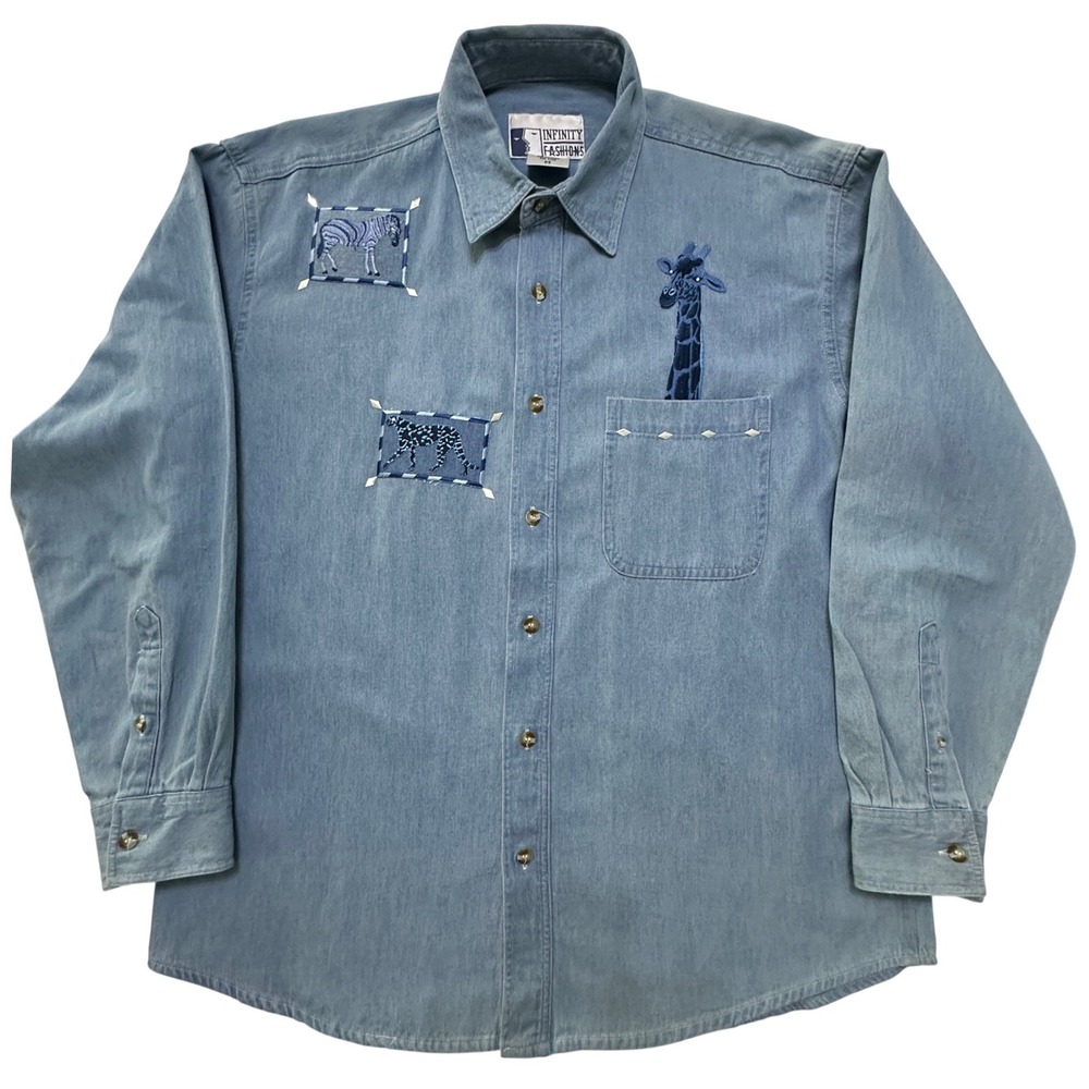 VTG 90s Safari Embroidered Denim Shirt Mens M Blue Giraffe Novelty Shacket
